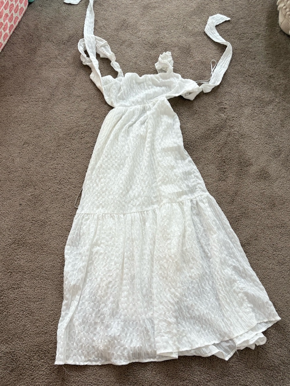 Lush White Textured Maxi Dress with Tie Back Straps